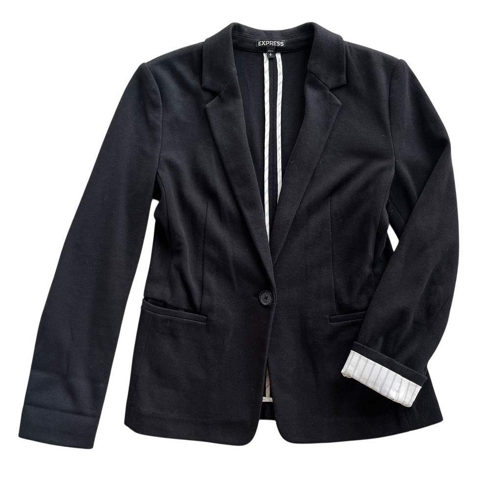 Express Womens S Black One Button Striped Lining Woven Blazer Jacket Career Chic
